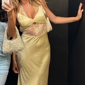 Abercrombie & Fitch Pale Yellow Satin Lace-Inset Maxi Dress